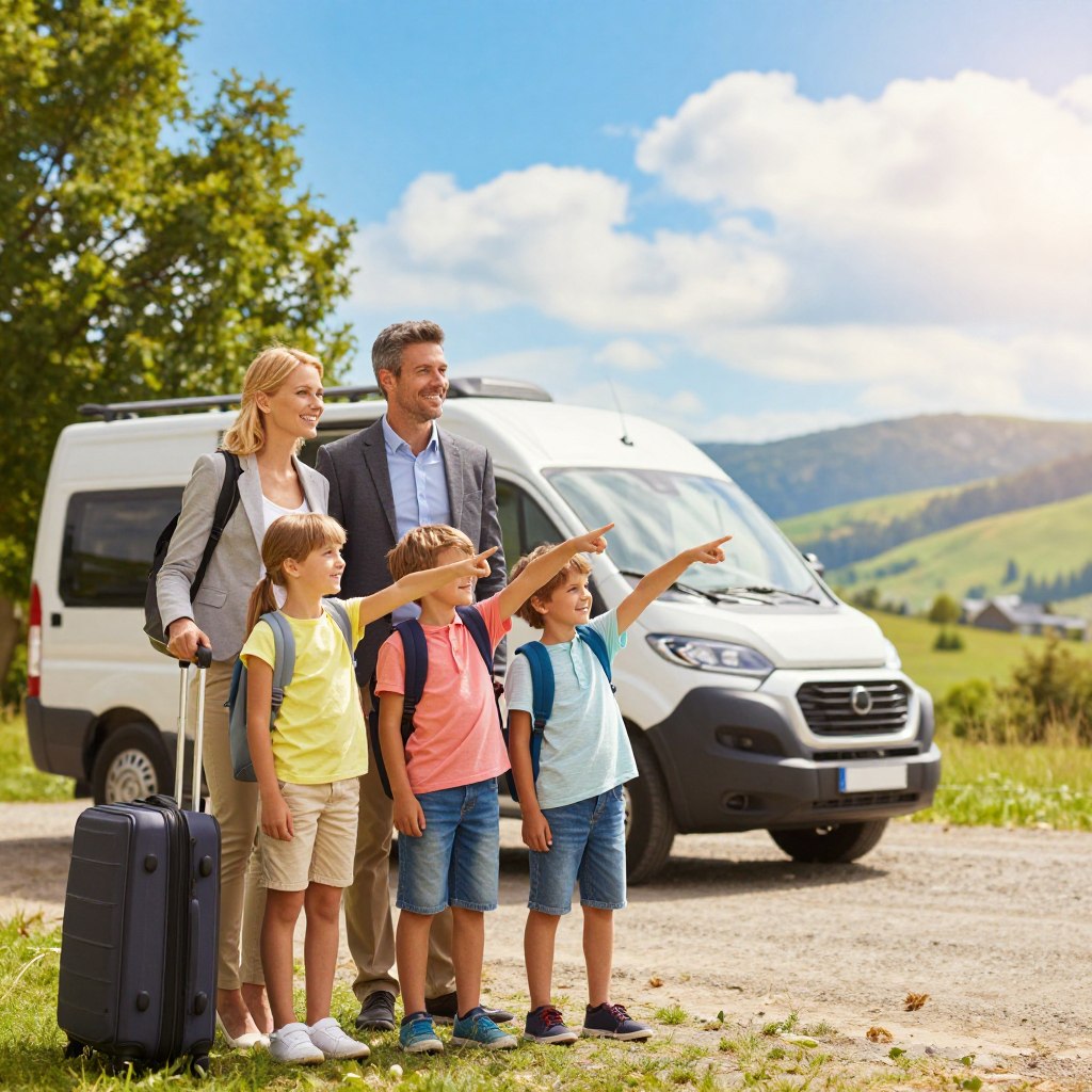 A cheerful family of four, featuring a mother and father with two children, enjoying a journey together in a vibrant setting. In the foreground, the parents are smiling as they handle luggage, while the kids, dressed in colorful, comfortable clothing, excitedly point at landmarks. In the middle, a quaint travel van is parked nearby, surrounded by scenic views of nature—lush trees and rolling hills. In the background, a bright blue sky with soft, fluffy clouds enhances the cheerful atmosphere. The sunlight casts a warm glow on the scene, highlighting the joy and adventure of traveling with kids. The composition should capture the essence of family bonding during a journey, with an inviting color palette that evokes happiness and enthusiasm. A cheerful family of four, featuring a mother and father with two children, enjoying a journey together in a vibrant setting. In the foreground, the parents are smiling as they handle luggage, while the kids, dressed in colorful, comfortable clothing, excitedly point at landmarks. In the middle, a quaint travel van is parked nearby, surrounded by scenic views of nature—lush trees and rolling hills. In the background, a bright blue sky with soft, fluffy clouds enhances the cheerful atmosphere. The sunlight casts a warm glow on the scene, highlighting the joy and adventure of traveling with kids. The composition should capture the essence of family bonding during a journey, with an inviting color palette that evokes happiness and enthusiasm.