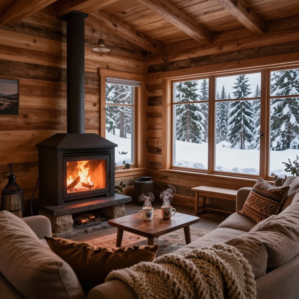A cozy cabin retreat designed for couples, featuring a rustic wooden interior illuminated by the warm glow of a crackling fireplace. In the foreground, a plush, inviting sofa adorned with soft, knitted blankets and decorative pillows invites relaxation. The middle of the scene showcases a small, intimate coffee table with two steaming mugs placed thoughtfully on it, hinting at a shared moment. In the background, large windows reveal a serene winter landscape blanketed in snow, with evergreen trees standing majestically. Soft, warm lighting infuses the space, creating a romantic ambiance. The composition is shot at eye level to capture the warmth and intimacy of the setting while inviting viewers into this dreamlike escape. The overall mood is tranquil and romantic, perfect for couples seeking a peaceful getaway. A cozy cabin retreat designed for couples, featuring a rustic wooden interior illuminated by the warm glow of a crackling fireplace. In the foreground, a plush, inviting sofa adorned with soft, knitted blankets and decorative pillows invites relaxation. The middle of the scene showcases a small, intimate coffee table with two steaming mugs placed thoughtfully on it, hinting at a shared moment. In the background, large windows reveal a serene winter landscape blanketed in snow, with evergreen trees standing majestically. Soft, warm lighting infuses the space, creating a romantic ambiance. The composition is shot at eye level to capture the warmth and intimacy of the setting while inviting viewers into this dreamlike escape. The overall mood is tranquil and romantic, perfect for couples seeking a peaceful getaway.