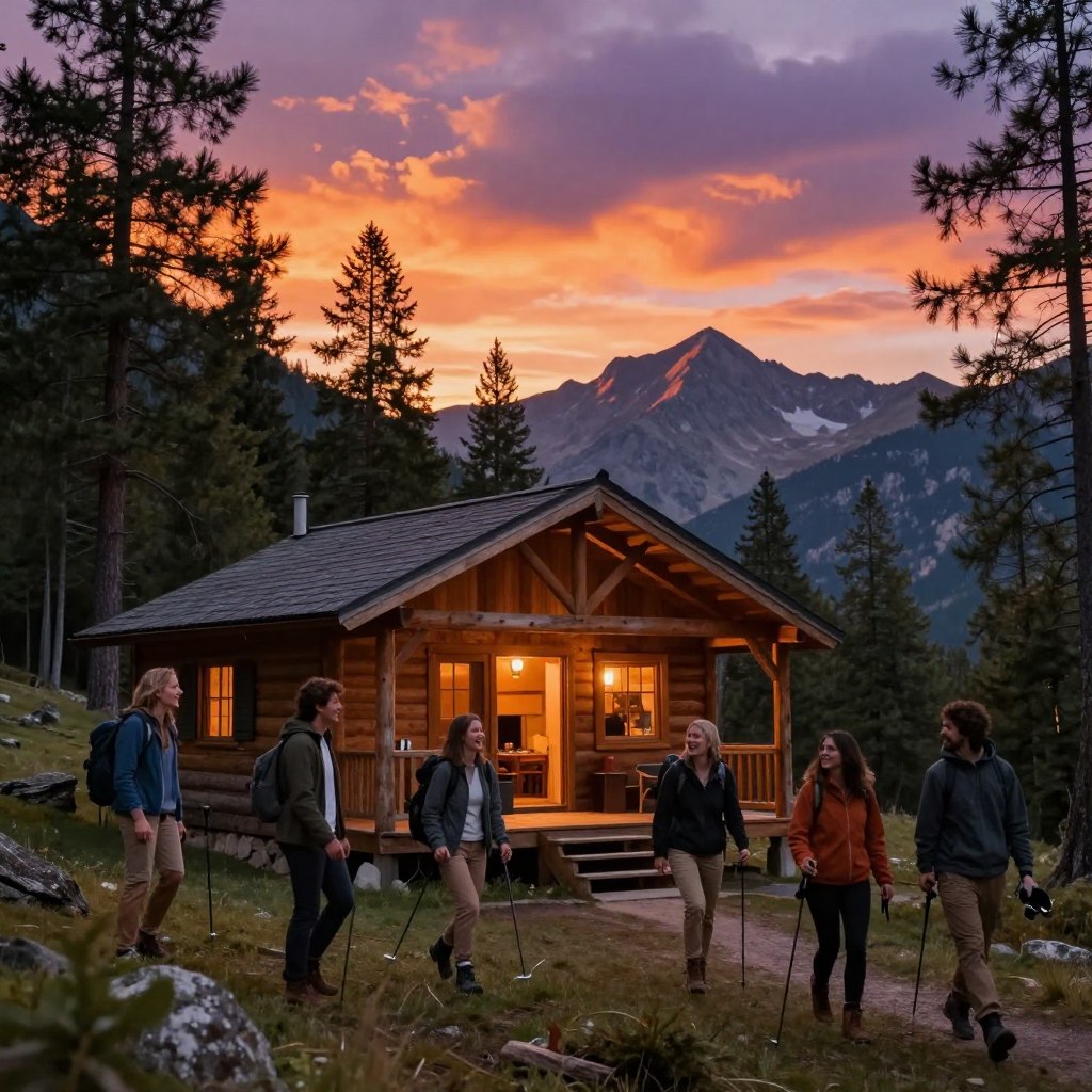 A cozy wooden cabin with a rustic charm, nestled in a mountainous landscape, surrounded by towering pine trees. In the foreground, a group of thrill seekers in modest casual clothing are engaging in outdoor activities such as rock climbing and hiking, their expressions filled with excitement. The middle ground showcases the cabin’s inviting porch with a warm glow emanating from inside, hinting at a cozy retreat. The background reveals rugged mountains under a vivid sunset sky, with rich oranges and purples casting dramatic shadows. Soft, natural lighting creates an adventurous yet peaceful atmosphere, captured from a slightly elevated angle to include both the action and the breathtaking environment. The scene should inspire a sense of adventure and warmth, perfect for outdoor enthusiasts. A cozy wooden cabin with a rustic charm, nestled in a mountainous landscape, surrounded by towering pine trees. In the foreground, a group of thrill seekers in modest casual clothing are engaging in outdoor activities such as rock climbing and hiking, their expressions filled with excitement. The middle ground showcases the cabin’s inviting porch with a warm glow emanating from inside, hinting at a cozy retreat. The background reveals rugged mountains under a vivid sunset sky, with rich oranges and purples casting dramatic shadows. Soft, natural lighting creates an adventurous yet peaceful atmosphere, captured from a slightly elevated angle to include both the action and the breathtaking environment. The scene should inspire a sense of adventure and warmth, perfect for outdoor enthusiasts.