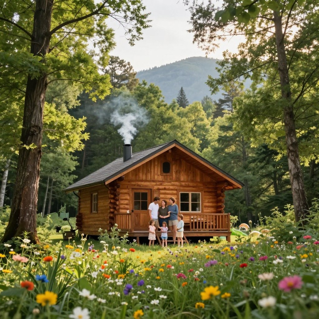 A picturesque family-friendly cabin scene set in a lush forest. In the foreground, two children, a boy and a girl, joyfully play with a colorful kite, their laughter echoing in the air. The middle ground features a cozy wooden cabin with smoke curling from the chimney, surrounded by vibrant wildflowers and tall green trees. A picnic blanket with a basket of snacks lies nearby, hinting at a perfect family day outdoors. In the background, soft sunlight filters through the leaves, casting a warm glow over the scene, while distant mountains add depth. The overall mood is cheerful and inviting, capturing the essence of a memorable family vacation in nature. A picturesque family-friendly cabin scene set in a lush forest. In the foreground, two children, a boy and a girl, joyfully play with a colorful kite, their laughter echoing in the air. The middle ground features a cozy wooden cabin with smoke curling from the chimney, surrounded by vibrant wildflowers and tall green trees. A picnic blanket with a basket of snacks lies nearby, hinting at a perfect family day outdoors. In the background, soft sunlight filters through the leaves, casting a warm glow over the scene, while distant mountains add depth. The overall mood is cheerful and inviting, capturing the essence of a memorable family vacation in nature.