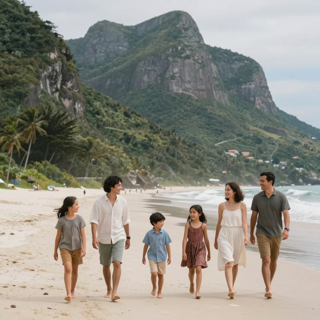 A picturesque family vacation destination showcasing both sandy beaches and towering mountains. In the foreground, a family of four, dressed in casual yet modest vacation attire, enjoys building sandcastles and playing with beach toys. The middle ground features golden sandy shores with gentle waves lapping at the coast. In the background, majestic mountains rise, partially enveloped in soft, wispy clouds under a clear blue sky. The warm sunlight bathes the scene, creating a cheerful and inviting atmosphere. Capture this idyllic moment from a slightly elevated angle to emphasize the stunning landscape, ensuring a sense of adventure and family bonding in a safe, serene environment. The overall image should evoke feelings of joy, relaxation, and excitement for family getaways. A picturesque family vacation destination showcasing both sandy beaches and towering mountains. In the foreground, a family of four, dressed in casual yet modest vacation attire, enjoys building sandcastles and playing with beach toys. The middle ground features golden sandy shores with gentle waves lapping at the coast. In the background, majestic mountains rise, partially enveloped in soft, wispy clouds under a clear blue sky. The warm sunlight bathes the scene, creating a cheerful and inviting atmosphere. Capture this idyllic moment from a slightly elevated angle to emphasize the stunning landscape, ensuring a sense of adventure and family bonding in a safe, serene environment. The overall image should evoke feelings of joy, relaxation, and excitement for family getaways.