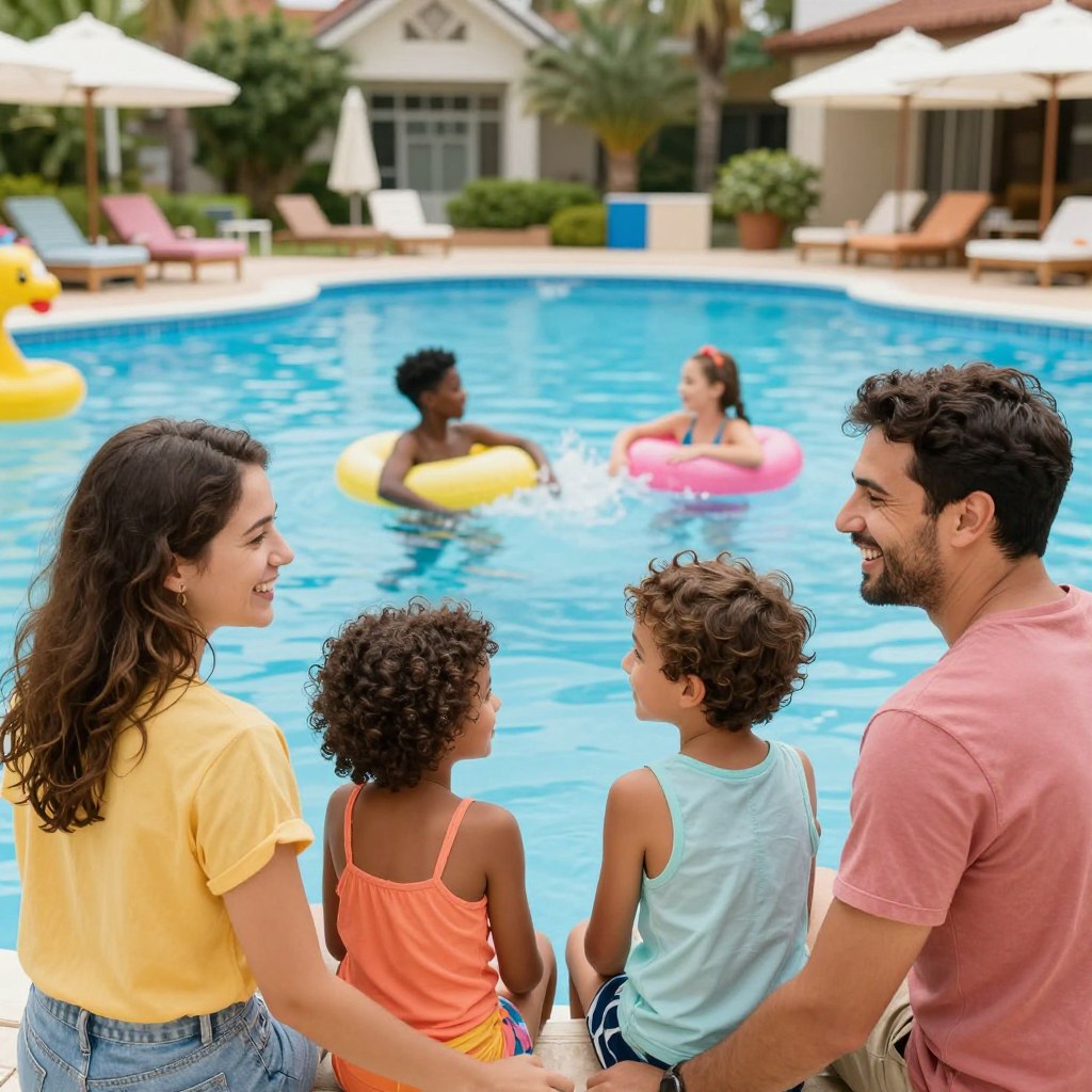 A vibrant, family-friendly vacation resort scene filled with laughter and excitement. In the foreground, a cheerful family of four—parents and two children—play together near a colorful kiddie pool, all dressed in modest summer clothing. The mother is helping the younger child with a water toy while the father engages the older child in a fun game. In the middle ground, a spacious resort complex showcases inviting amenities like a playground, picnic areas with shaded seating, and a mini-golf course, surrounded by lush green gardens and palm trees. The background features a bright blue sky with fluffy white clouds, giving a warm, inviting feel. Soft, natural lighting highlights the joyful atmosphere, capturing the essence of a perfect family getaway. The angle is slightly elevated, providing a comprehensive view of the resort’s facilities and family activities. A vibrant, family-friendly vacation resort scene filled with laughter and excitement. In the foreground, a cheerful family of four—parents and two children—play together near a colorful kiddie pool, all dressed in modest summer clothing. The mother is helping the younger child with a water toy while the father engages the older child in a fun game. In the middle ground, a spacious resort complex showcases inviting amenities like a playground, picnic areas with shaded seating, and a mini-golf course, surrounded by lush green gardens and palm trees. The background features a bright blue sky with fluffy white clouds, giving a warm, inviting feel. Soft, natural lighting highlights the joyful atmosphere, capturing the essence of a perfect family getaway. The angle is slightly elevated, providing a comprehensive view of the resort’s facilities and family activities.