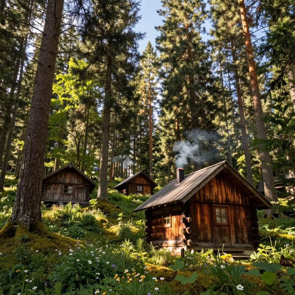 In a secluded forest, visualize cozy cabins nestled among towering, ancient trees, providing ultimate privacy. The foreground features a rustic wooden cabin, with smoke gently rising from the chimney, surrounded by vibrant wildflowers and soft moss underfoot. In the middle ground, additional cabins can be seen peeking through lush greenery, their wooden surfaces weathered yet charming. The background showcases a dense canopy of tall pine trees against a bright blue sky, with dappled sunlight filtering through the leaves, casting soft shadows. Capture this serene atmosphere with a warm, inviting glow, using a wide-angle lens to emphasize the natural beauty and tranquility of the forest setting, evoking a sense of peaceful escape. In a secluded forest, visualize cozy cabins nestled among towering, ancient trees, providing ultimate privacy. The foreground features a rustic wooden cabin, with smoke gently rising from the chimney, surrounded by vibrant wildflowers and soft moss underfoot. In the middle ground, additional cabins can be seen peeking through lush greenery, their wooden surfaces weathered yet charming. The background showcases a dense canopy of tall pine trees against a bright blue sky, with dappled sunlight filtering through the leaves, casting soft shadows. Capture this serene atmosphere with a warm, inviting glow, using a wide-angle lens to emphasize the natural beauty and tranquility of the forest setting, evoking a sense of peaceful escape.