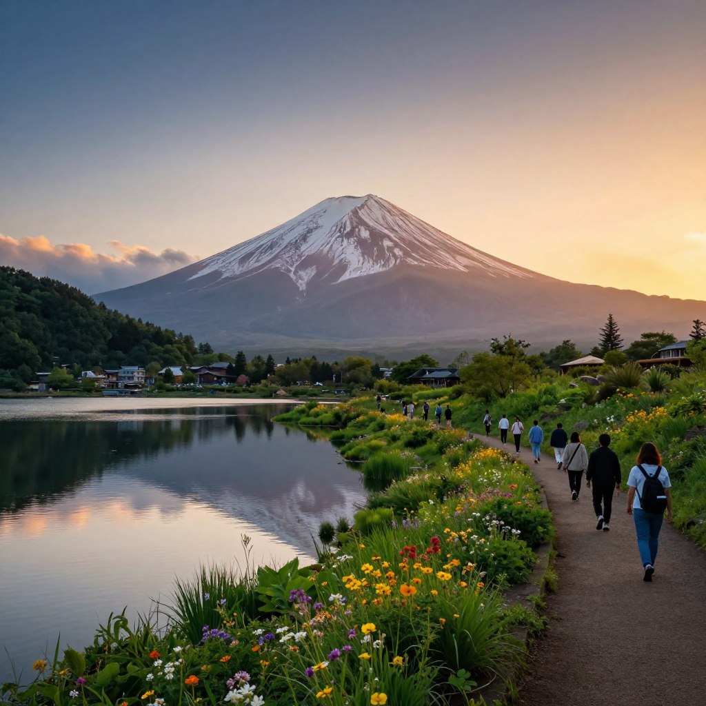 A breathtaking scene capturing the majestic Mount Fuji during a golden hour sunrise. In the foreground, a serene lake reflecting the iconic mountain, surrounded by lush greenery and vibrant wildflowers. The middle ground features a well-marked hiking trail bustling with visitors dressed in modest casual clothing, exploring the area with awe and wonder. In the background, the impressive snow-capped peak of Mount Fuji rises majestically, enveloped by soft clouds and a rich gradient sky transitioning from deep blue to warm orange. The lighting is soft and diffuse, highlighting the natural beauty and creating a tranquil, inspiring atmosphere that invites adventure and exploration. Shot from a low angle to emphasize the grandeur of Mount Fuji, the composition showcases an idyllic moment of nature’s splendor.