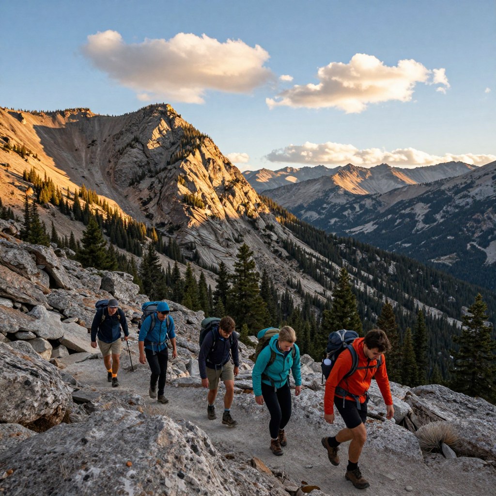 A breathtaking scene of outdoor adventures in California, capturing the essence of rugged mountain landscapes. In the foreground, a diverse group of four hikers, dressed in vibrant, modest outdoor attire, are energetically climbing a rocky trail, exuding a sense of adventure and excitement. The middle ground showcases majestic, towering mountain peaks adorned with patches of evergreen forests, illuminated by the warm golden light of a late afternoon sun. In the background, a clear blue sky dotted with soft, fluffy clouds enhances the serene atmosphere. The image should evoke a feeling of freedom and exploration, with a wide-angle perspective that emphasizes the vastness of the landscape, inviting viewers to imagine their own adventure in California's beautiful outdoors.