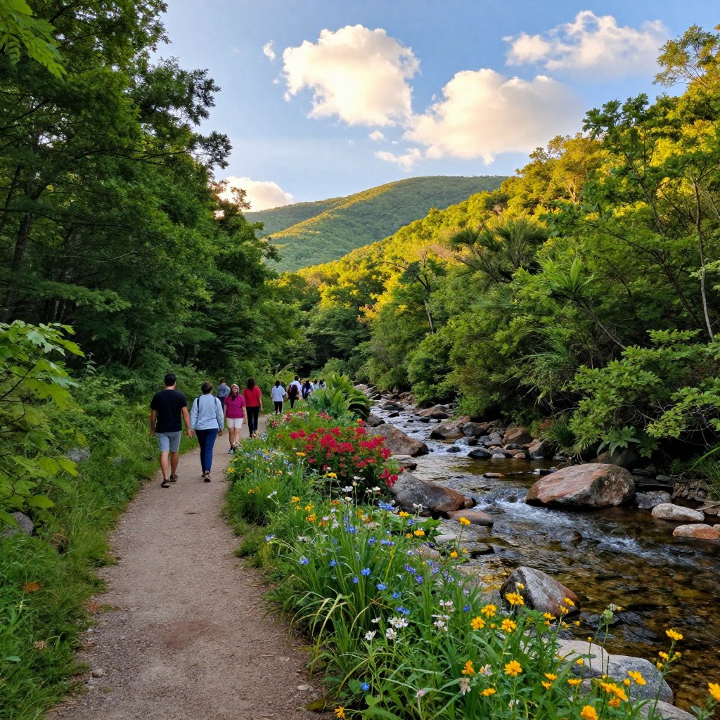 A breathtaking view of a picturesque hiking trail in New Jersey, showcasing lush green forests and vibrant wildflowers in the foreground, with a winding path inviting exploration. In the middle ground, a diverse group of nature lovers, dressed in casual outdoor attire, joyfully walking alongside a crystal-clear stream surrounded by smooth rocks and colorful flora. The background features rolling hills under a bright blue sky dotted with fluffy white clouds, illuminated by the soft, golden light of a late afternoon sun. Capture the tranquil and serene atmosphere, highlighting the beauty and adventure of a scenic day trip in New Jersey, focusing on the rich colors and natural textures of the landscape.