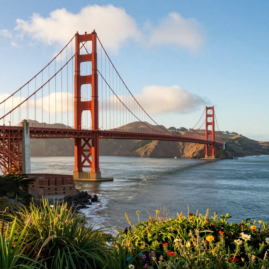 A breathtaking view of the Golden Gate Bridge in San Francisco, framed by the lush greenery of the Presidio in the foreground. The bridge, with its majestic rusty red steel cables, stretches across the shimmering blue waters of the San Francisco Bay, under a clear sky with soft fluffy clouds. In the middle ground, gently rolling hills create a picturesque backdrop, dotted with vibrant wildflowers. The scene captures the warm golden tones of late afternoon sunlight, casting soft shadows and illuminating the iconic structure. The atmosphere is serene yet invigorating, drawing viewers into California's unparalleled natural beauty and architectural elegance. The image should be taken from a low angle to emphasize the grandeur of the bridge, with no people or text visible.