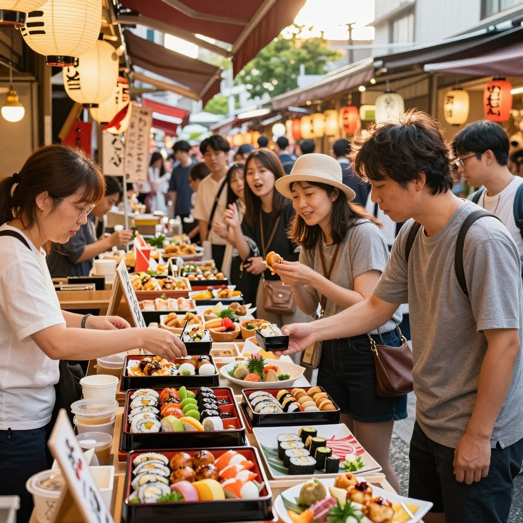 A bustling Japanese market filled with vibrant food stalls, showcasing a variety of traditional dishes. In the foreground, a vendor with modest casual clothing offers freshly made sushi and colorful bento boxes, while customers enthusiastically sample snacks like takoyaki and mochi. In the middle ground, a diverse group of tourists with excited expressions explore the stalls, capturing the essence of authentic food adventures. The background reveals a tapestry of hanging lanterns and verdant greenery, set against a warm golden hour sunlight that casts a soft glow over the scene. The image should evoke a sense of joy and discovery, inviting viewers into the rich culinary culture of Japan. Shot from a slightly elevated angle to capture the dynamic atmosphere.