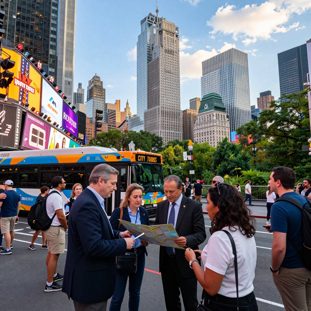 A bustling New York City street scene depicting iconic tours and must-visit destinations. In the foreground, a diverse group of tourists, dressed in casual yet stylish outfits, gathers around a vibrant, colorful bus advertising city tours. They showcase excitement and curiosity as they consult a map. The middle ground features famous landmarks such as the Statue of Liberty, Times Square with bright, dazzling lights, and Central Park, capturing the essence of NYC's charm. In the background, skyscrapers tower against a clear blue sky, with a hint of clouds. The image is illuminated by warm sunlight, creating a lively atmosphere full of adventure and exploration. Use a wide-angle lens to enhance perspective, focusing on the joyful experience of discovering New York City.