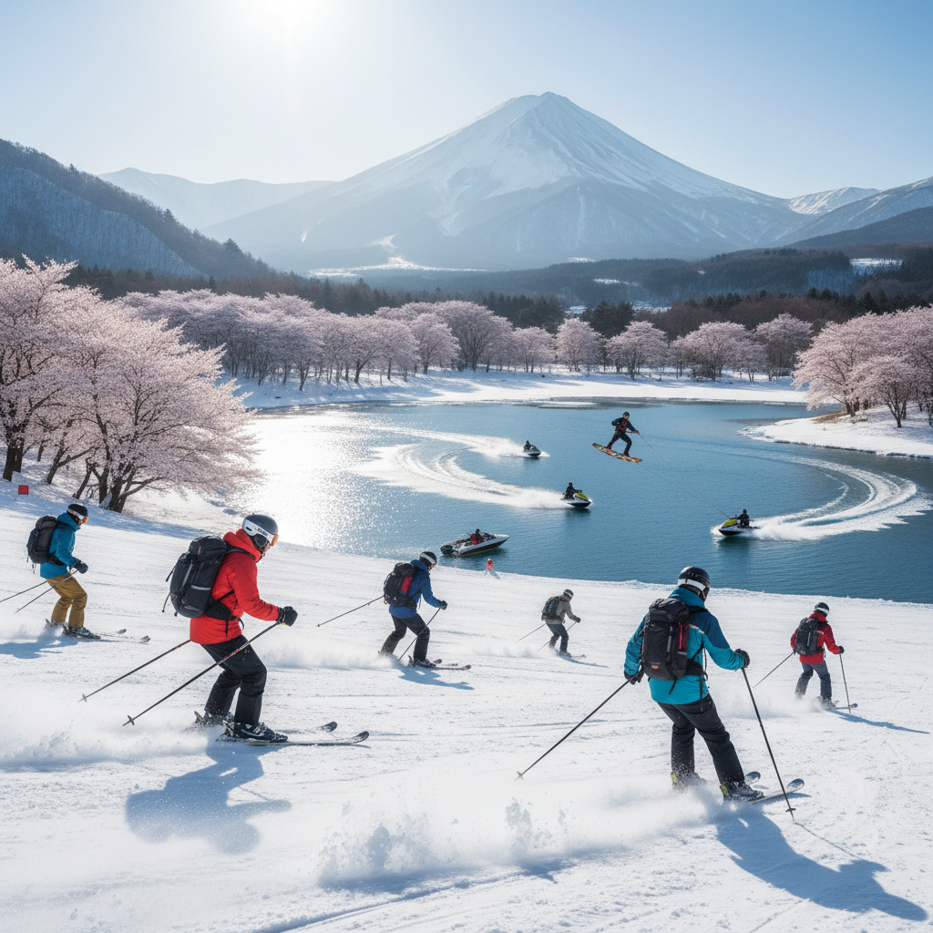 A captivating scene of adventure activities in Japan, featuring a dynamic winter landscape with skiers gracefully navigating snow-covered slopes in the foreground, dressed in vibrant winter attire. In the middle ground, a sparkling blue lake hosts a group of enthusiasts enjoying thrilling water sports, such as jet skiing and wakeboarding, showcasing their skills against the backdrop of majestic mountains. The background is adorned with cherry blossom trees, subtly hinting at the beauty of Japan's nature. The lighting is bright and clear, capturing the excitement of a sunny day, while the angle emphasizes the action in both skiing and water activities. The overall mood is energetic and adventurous, inviting the viewer to immerse themselves in the thrilling experience of exploring Japan’s diverse outdoor adventures.