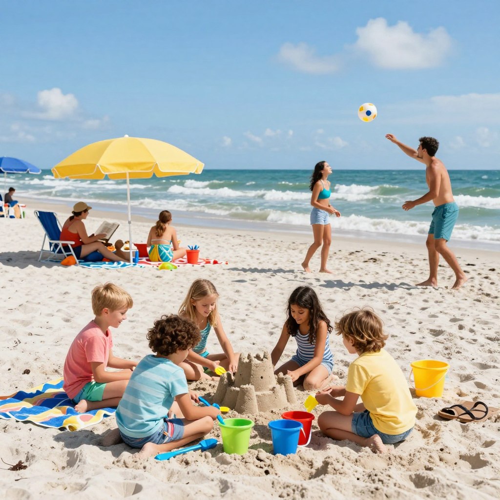 A lively Florida beach scene filled with families enjoying various activities. In the foreground, a cheerful group of children is building a sandcastle, their colorful buckets and shovels scattered around. Nearby, parents play beach games like frisbee and beach ball, all dressed in comfortable summer clothing. In the middle ground, families relax on beach towels under bright umbrellas, some are reading, while others are enjoying snacks. The background features gentle waves lapping against the shore and a clear blue sky with a few wispy clouds, evoking a warm, sunny day. The lighting is vibrant and cheerful, capturing the joy of a perfect beach outing. The image should convey a sense of fun, togetherness, and relaxation.