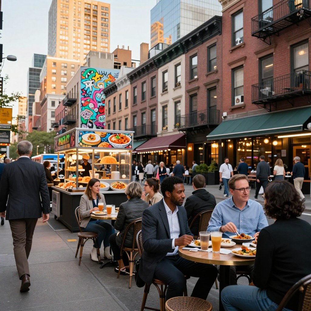 A lively New York City neighborhood scene, showcasing locals and visitors exploring vibrant streets filled with colorful street art and boutique shops. In the foreground, a diverse group of individuals in professional business attire and smart casual clothing gather around a quaint café with outdoor seating, enjoying delicious meals and coffee. The middle ground features a mix of cozy eateries and food stalls, with mouth-watering dishes on display. The background reveals iconic NYC architecture, with historic brownstones and trendy high-rises bathed in soft, warm afternoon sunlight. The atmosphere is bustling yet inviting, capturing the essence of urban exploration and culinary delight in this iconic city. Shot from a low angle to emphasize the vibrancy of the neighborhood.