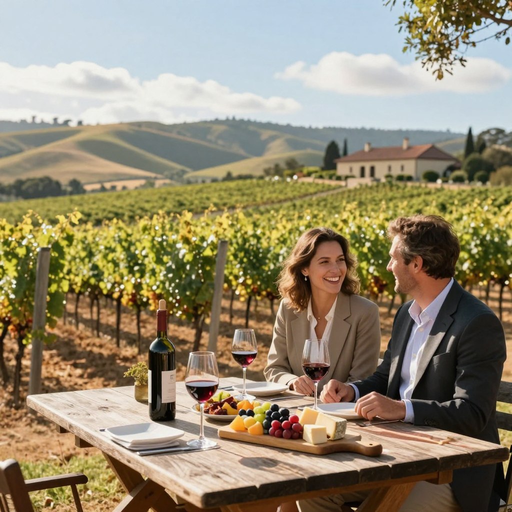 A picturesque California wine country scene featuring rolling vineyards basking in golden sunlight, with lush green grapevines stretching into the distance. In the foreground, a rustic wooden table is set for a wine tasting, complete with elegant wine glasses, a bottle of red wine, and a charcuterie board adorned with artisanal cheeses and fresh fruits. The middle ground showcases a couple in smart casual attire enjoying the view, laughing together as they indulge in the culinary delights of the region. In the background, gentle hills rise and a classic vineyard estate stands with a bright blue sky overhead, dotted with soft white clouds. The atmosphere is warm and inviting, evoking a sense of relaxation and gourmet exploration in a serene outdoor setting, captured in soft, natural lighting with a slight lens blur to enhance the focus on the foreground.