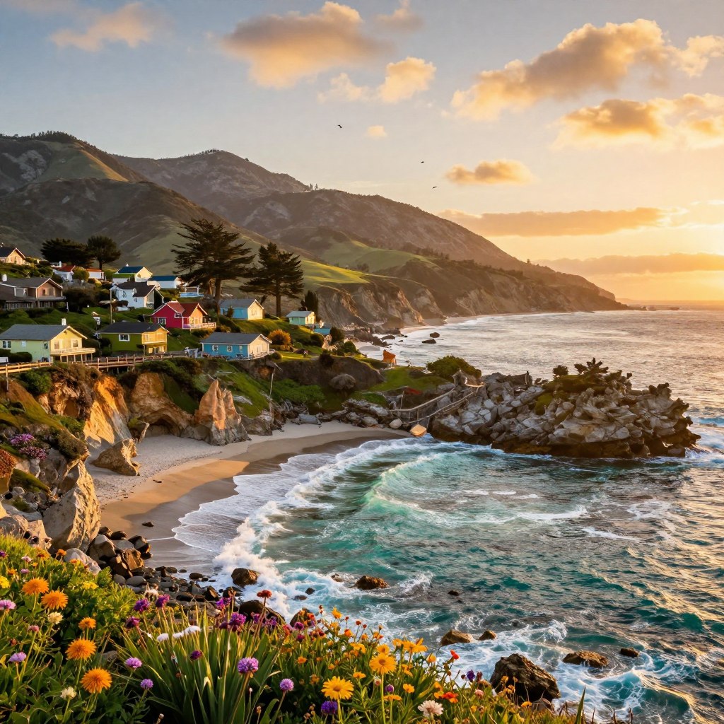 A picturesque scene showcasing hidden gems in California, featuring a stunning coastline with hidden coves and vibrant tide pools in the foreground. In the middle ground, include a charming little village with colorful houses, surrounded by lush greenery and blooming wildflowers. In the background, majestic mountains rise against a brilliant sunset sky, casting warm golden light across the landscape. A gentle breeze creates a tranquil atmosphere, with birds soaring above and waves lapping at the shore. Use a wide-angle lens perspective to capture the expansive beauty, with a focus on rich colors and soft lighting, creating an inviting and serene mood that highlights the enchanting allure of California’s secret destinations.