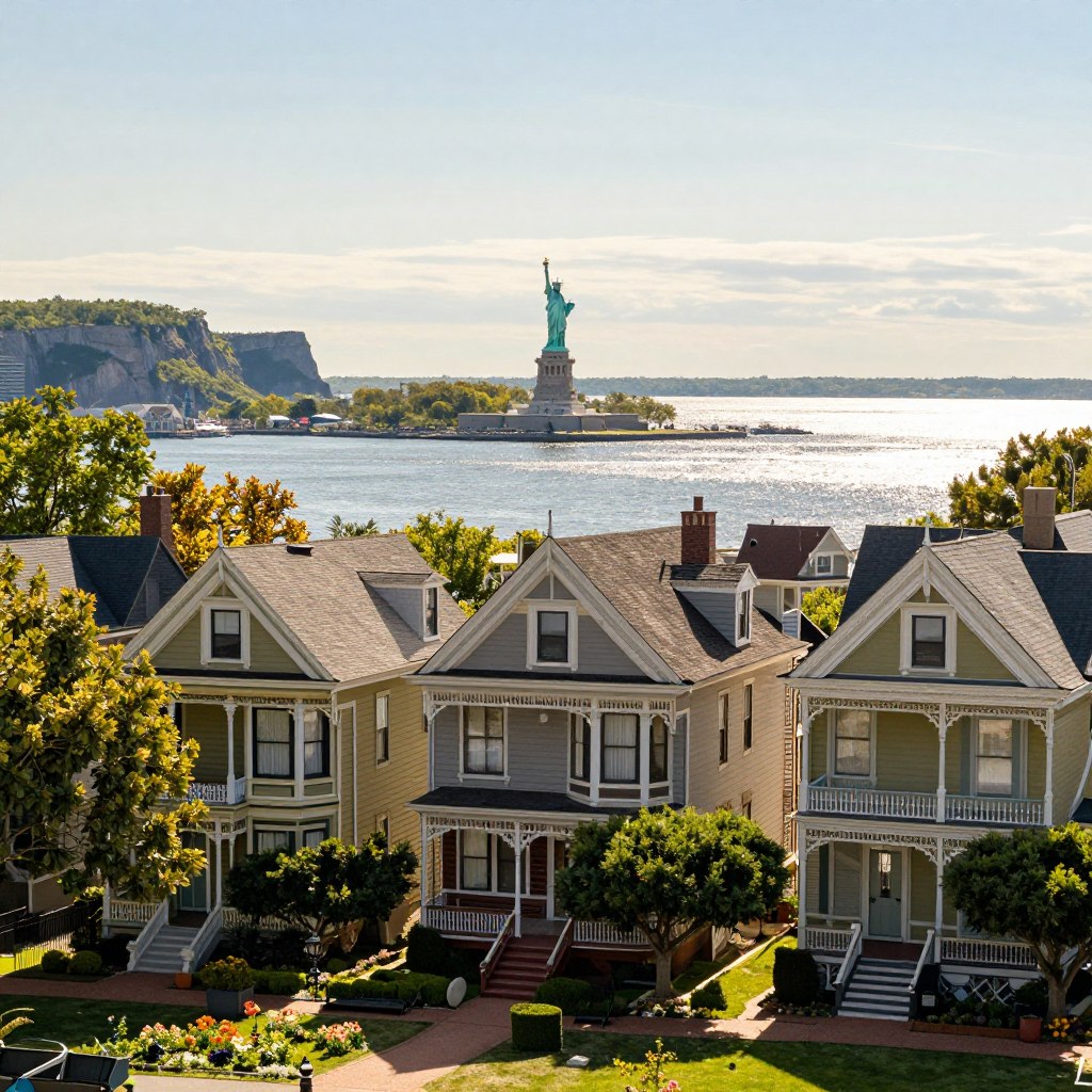 A picturesque scene showcasing the historical landmarks and cultural sites of New Jersey. In the foreground, an elegant view of the iconic Cape May Victorian houses adorned with intricate decorations, surrounded by blooming gardens. The middle ground features the Liberty State Park with the Statue of Liberty visible on the horizon, enhanced by glistening water reflections under a bright, sunny sky. Majestic trees provide a serene atmosphere. In the background, the rugged cliffs of the Delaware Water Gap offer a stunning contrast. The lighting is warm and inviting, capturing the essence of a perfect day. The angle is slightly elevated, giving a broad view to appreciate the harmony of architecture and nature, evoking a sense of exploration and appreciation for New Jersey’s rich history.
