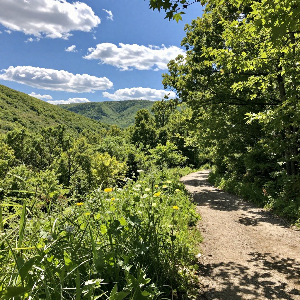 A scenic New Jersey hiking trail on a bright, sunny day, featuring vibrant green foliage and wildflowers in the foreground. In the middle ground, a winding trail leads through a forest of tall trees, dappled sunlight filtering through the leaves, creating a warm and inviting atmosphere. In the background, gently rolling hills stretch into the distance, with a clear blue sky above, peppered with fluffy white clouds. The angle captures a slight elevation, giving a sense of depth to the landscape. The scene evokes a sense of tranquility and adventure, perfect for outdoor exploration, while maintaining a focus on the natural beauty and serene ambiance of the trail.