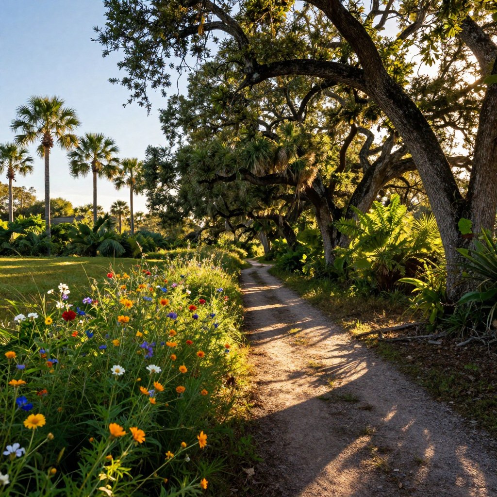 A serene nature trail in Florida, surrounded by lush greenery and majestic old trees, winding gently through the landscape. In the foreground, vibrant wildflowers bloom, their colors contrasting with the rich, earthy path. The middle ground features a clear, sunlit trail, inviting for outdoor adventures, illuminated by the soft golden light of the late afternoon sun. The sunbeams filter through the leaves, creating dappled shadows on the ground. In the background, tall palms sway gently in the breeze against a bright blue sky. The atmosphere is peaceful, evoking a sense of tranquility and adventure, perfect for exploring hidden gems in nature. The image should have a warm, inviting glow, captured with a wide-angle lens at a slight downward angle to emphasize the trail's journey.