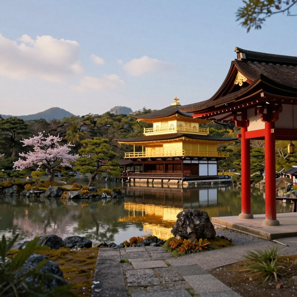 A serene scene depicting Kyoto's iconic temples and shrines, featuring traditional Japanese architecture with ornate wooden structures and vibrant red gates. In the foreground, a beautifully manicured stone pathway lined with blooming cherry blossom trees leads to a historic pagoda. In the middle ground, the majestic Kinkaku-ji, or Golden Pavilion, reflects softly in a tranquil pond surrounded by lush greenery. The background showcases rolling hills under a gentle blue sky with wisps of white clouds. The atmosphere is peaceful and contemplative, with the soft warm glow of late afternoon sunlight illuminating the scene. Capture this moment with a slight tilt-shift lens effect to emphasize the intricate details of the architecture and nature, creating a harmonious blend of culture and tranquility.