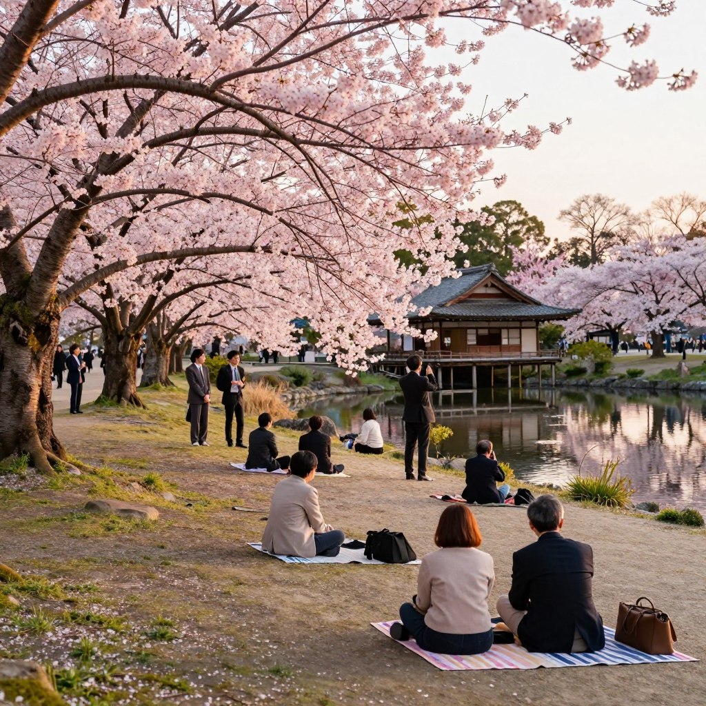 A serene scene of cherry blossom viewing in a picturesque Japanese park during spring. In the foreground, a lush spread of pink cherry blossoms cascades gently from the branches, creating a soft, floral carpet. In the middle ground, people dressed in modest casual clothing are enjoying the beauty, some sitting on picnic blankets, others strolling or taking photographs, capturing the joyous atmosphere. The background reveals traditional Japanese architecture, including a small tea house nestled among the trees, surrounded by tranquil ponds reflecting the blossoms. The lighting is soft and warm, resembling the golden hour, with delicate sunlight filtering through the branches, casting gentle shadows. The overall mood is peaceful and celebratory, inviting viewers to experience the beauty of this iconic cultural tradition.