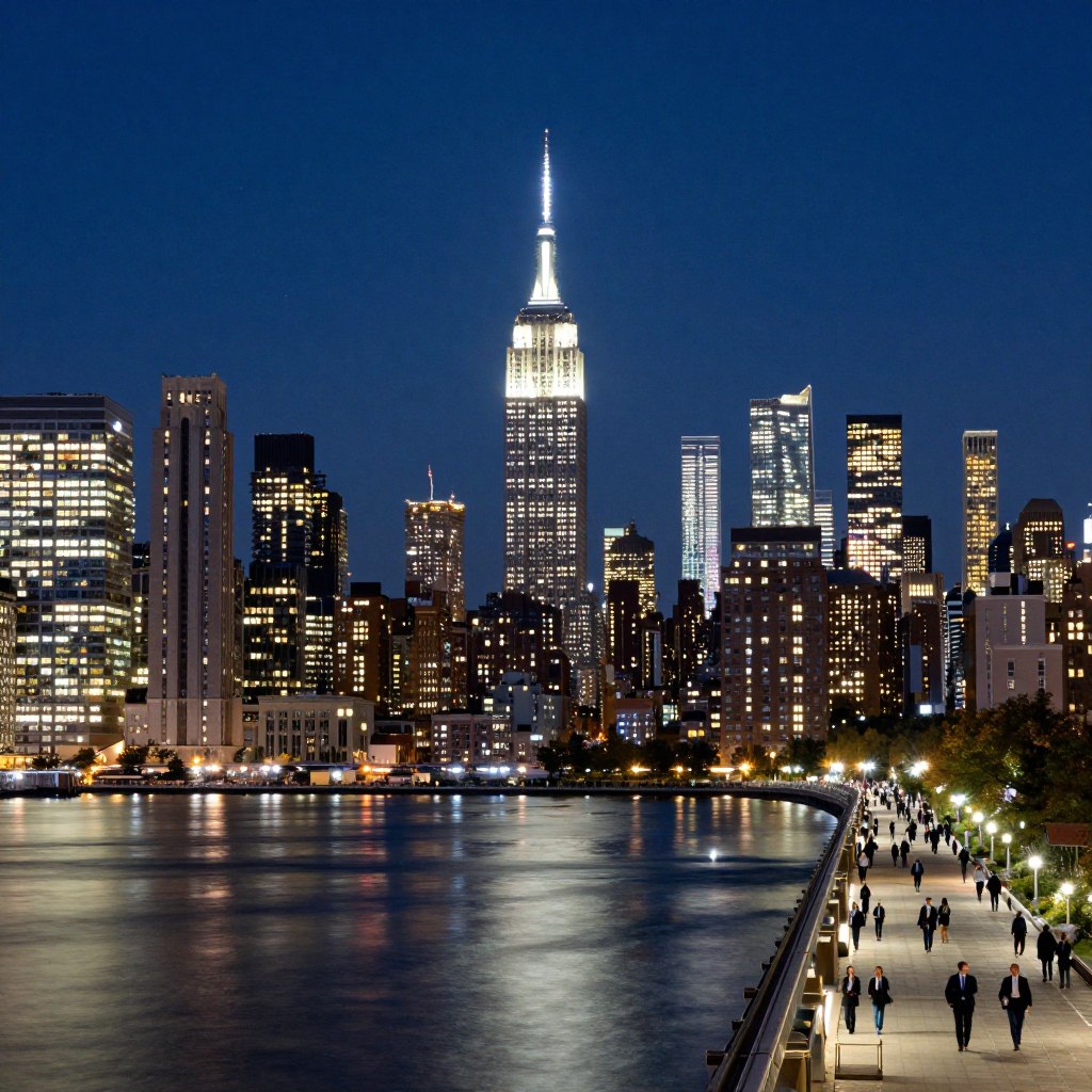 A stunning nighttime skyline view of New York City, showcasing iconic landmarks such as the Empire State Building and One World Trade Center, illuminated by vibrant city lights. In the foreground, a tranquil view of the East River reflects the sparkling lights above, creating a serene contrast. The middle ground features bustling streets lined with elegantly lit buildings and lively pedestrians wearing professional business attire. In the background, the skyline stretches across the horizon under a deep indigo sky dotted with stars. Capture the scene with a wide-angle lens to emphasize the grandeur of the city while using soft, ambient lighting to evoke a sense of wonder and excitement, perfectly depicting the enchanting atmosphere of NYC after dark.