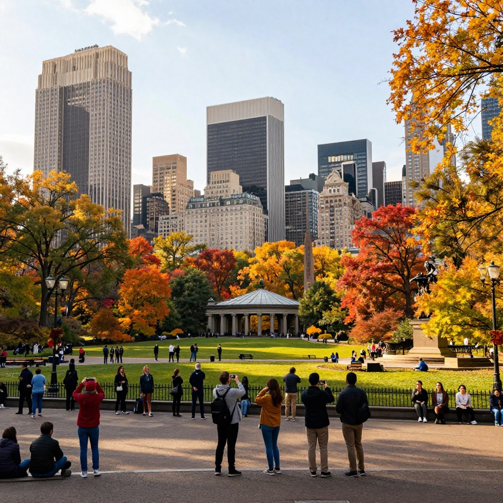 A sweeping view of Central Park in Manhattan during a sunny autumn afternoon, with vibrant fall foliage in shades of orange, yellow, and red. In the foreground, a group of tourists dressed in casual, stylish attire is enjoying the scenery, taking photos, and strolling along the park's paths. The middle ground features iconic landmarks like the Central Park Mall and Bethesda Terrace, framed by lush trees. The background showcases the dramatic skyline of Manhattan, with skyscrapers glimmering in the warm sunlight. The scene is bathed in soft, golden light, creating a cheerful and inviting atmosphere. The angle captures the expansive beauty of Central Park, emphasizing the blend of nature and urban life.