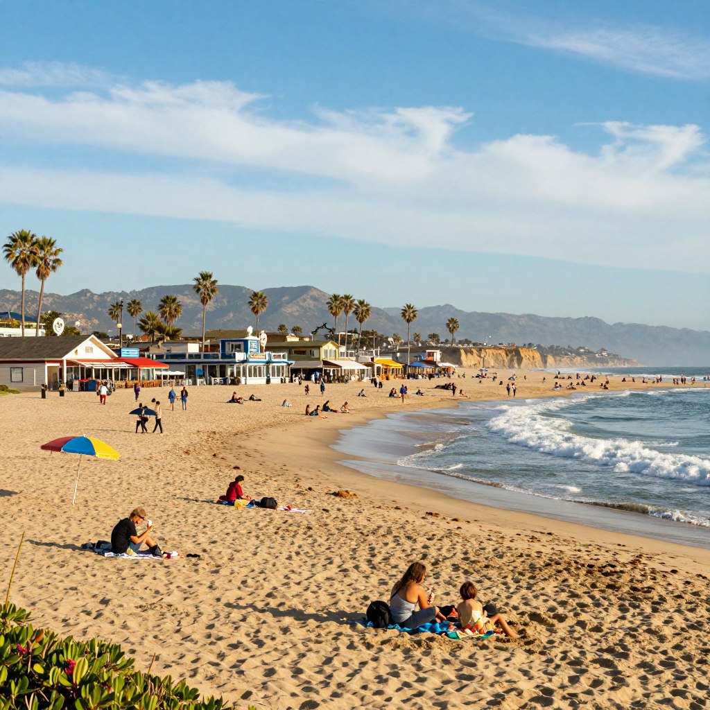 A vibrant California beach scene showcasing iconic coastal attractions. In the foreground, golden sandy shores with a few colorful beach umbrellas and modestly dressed families enjoying the day. The middle ground features a lively boardwalk lined with quaint shops and restaurants, with visitors strolling and savoring ice cream. Stretched across the horizon, gentle waves crash against the shoreline, reflecting the soft light of the afternoon sun. In the background, palm trees sway and iconic cliffs rise, capturing the essence of California's coastal beauty. The sky is a brilliant blue with wispy white clouds, exuding a joyful and relaxed atmosphere. Use a wide-angle lens to capture the expansive scene, with warm lighting enhancing the inviting beach vibe.