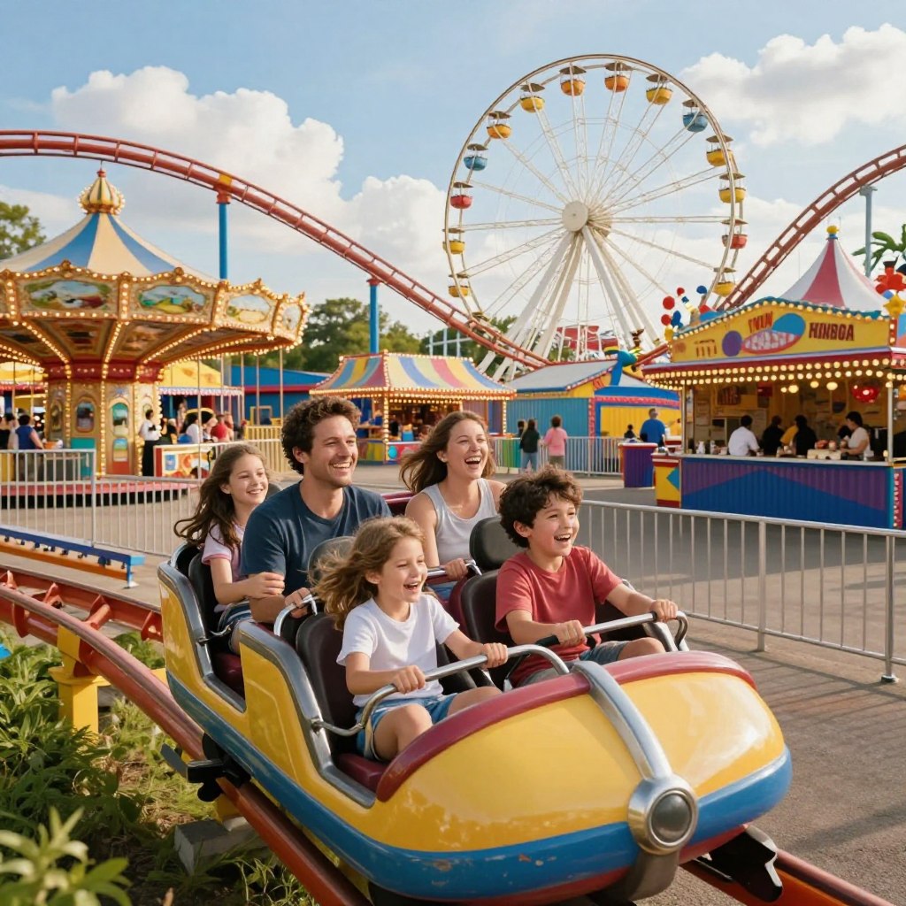 A vibrant and engaging scene showcasing a family enjoying a fun-filled day at an amusement park in New Jersey. In the foreground, a smiling family of four—parents and two children—are riding a thrilling roller coaster, their expressions a mix of excitement and joy. The middle ground features colorful attractions like a carousel, carnival games, and food stalls, with families interacting and laughing together. In the background, the park's iconic Ferris wheel looms against a blue sky filled with fluffy white clouds, emphasizing a carefree atmosphere. Soft, warm sunlight bathes the scene, creating a cheerful and inviting vibe. The image should capture the spirit of adventure and togetherness, appealing to all ages, with a focus on family bonding and enjoyment.