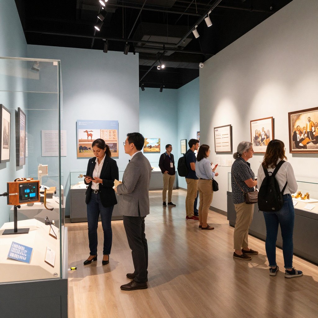 A vibrant and inviting scene showcasing an array of Florida attractions, focusing on cultural experiences such as art museums and galleries. In the foreground, a diverse group of people, dressed in professional business attire and casual clothing, enthusiastically engage with various art pieces displayed outdoors. The middle ground features a modern art museum with large glass windows, revealing colorful contemporary artwork within. To the background, lush palm trees sway gently under a bright blue sky, with hints of other famous Florida landmarks subtly visible. The lighting is warm and golden, evoking a cheerful atmosphere, reminiscent of a sunny Florida day. Capture the image from a slightly elevated angle, allowing a comprehensive view of this vibrant cultural hub.