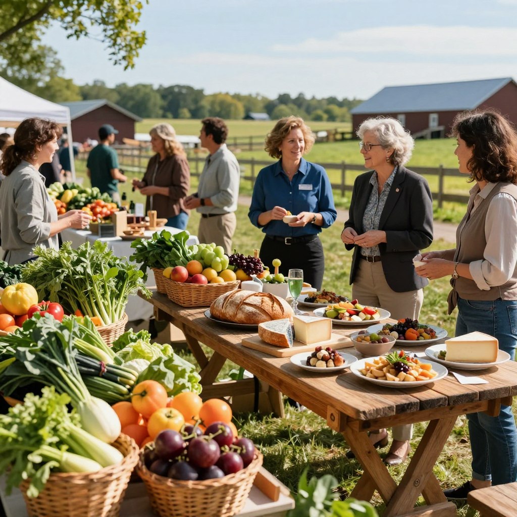 A vibrant farmers market in New Jersey, showcasing fresh local produce like colorful vegetables, ripe fruits, and baskets of herbs in the foreground. A rustic wooden table features a beautifully arranged farm-to-table dining setup with artisanal bread, local cheeses, and garnished dishes, emphasizing the culinary experience. In the middle ground, smiling vendors warmly greet customers, dressed in casual but modest clothing, creating an inviting atmosphere. The background features green fields and farm structures under a bright blue sky with soft, warm sunlight casting inviting shadows, enhancing the lively mood of the scene. The image should capture a sense of community and the joy of local food culture, using a slightly elevated angle to encapsulate the entire market scene invitingly.