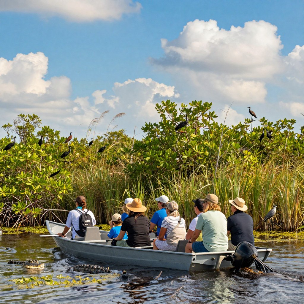 A vibrant scene in the Everglades showcasing outdoor adventures with an airboat gliding through lush green wetlands. In the foreground, the sleek airboat, with a diverse group of people dressed in modest casual clothing, wearing hats and sunglasses for sun protection, excitedly observe the surrounding wildlife. The middle ground features dense mangroves and tall grasses swaying in a gentle breeze, with glimpses of alligators and various bird species peeking out from the foliage. In the background, a bright blue sky dotted with fluffy white clouds reflects the warm sunlight, casting golden highlights on the water. Capture this lively atmosphere from a dynamic angle, with a wide-angle lens to highlight both the adventure and natural beauty of the Everglades, evoking a sense of exploration and thrill.
