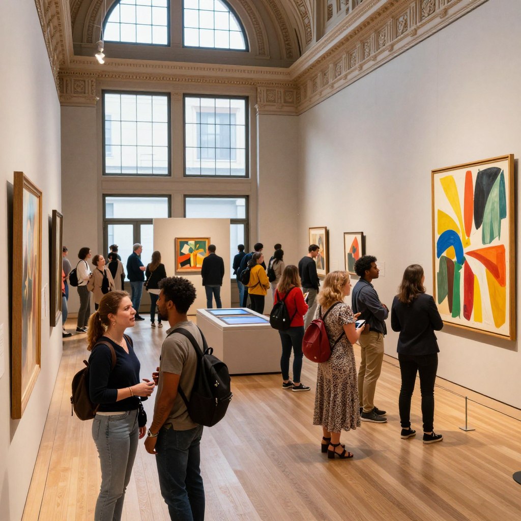 A vibrant scene inside a bustling New York City museum, showcasing a diverse group of culturally engaged visitors of various ethnicities exploring art exhibits. In the foreground, a young couple admires a striking abstract painting, while in the middle ground, families and friends gather around interactive displays, dressed in smart casual clothing. The background features intricately designed gallery architecture with large windows allowing natural light to flood the space, creating a warm and inviting atmosphere. The lighting is soft yet bright, highlighting the vivid colors of the artworks. Capture the excitement and curiosity in the air, emphasizing the cultural richness and experience of exploring NYC's museums. Use a wide-angle lens to encompass the lively ambiance.