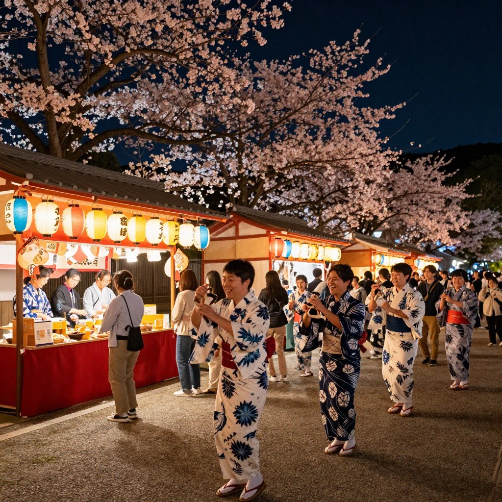 A vibrant scene of a traditional Japanese festival at night, filled with colorful paper lanterns illuminating the atmosphere. In the foreground, a group of participants wearing yukatas (traditional garments) engaged in joyful activities such as dancing and playing traditional instruments. Their cheerful expressions reflect the festive spirit. In the middle ground, a beautifully decorated festival stall offering local delicacies, with crowds excitedly interacting. The background features cherry blossom trees gently swaying in the breeze, under a starry sky. The lighting should create a warm, inviting glow, with lanterns casting soft shadows. The angle is slightly elevated, capturing the overall festive ambiance while showcasing the cultural richness of the celebration.