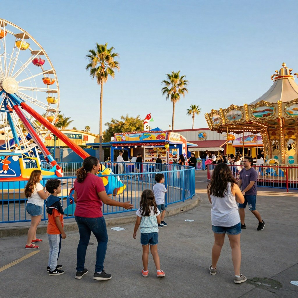 A vibrant scene showcasing a family-friendly theme park in California, filled with joy and excitement. In the foreground, a diverse group of families of various ethnicities playfully interacting with colorful attractions, such as a Ferris wheel and a carousel. The middle ground features a sunny landscape with fun rides, games, and food stalls offering enticing snacks. In the background, iconic palm trees sway gently against a clear blue sky, enhancing the cheerful atmosphere. The lighting is bright and warm, reminiscent of a perfect California day. Capture this moment with a slight tilt-angle shot to emphasize the fun and energy of the park while maintaining a lively and inviting mood. Ensure all individuals are dressed in casual, modest clothing.