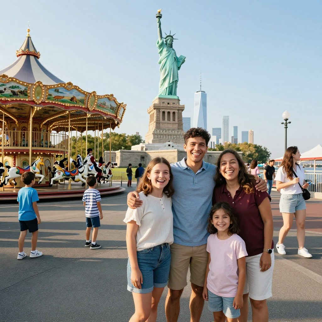 A vibrant scene showcasing family-friendly tourist activities in New York City. In the foreground, a diverse family of four, all dressed in modest, casual clothing, joyfully posing with their arms around each other, smiling widely. In the middle ground, children enjoying classic attractions like a carousel and street performers, while parents watch with delight. The iconic skyline of New York looms in the background, featuring the Statue of Liberty and skyscrapers under a clear blue sky. Bright, warm sunlight bathes the scene, highlighting the cheerful atmosphere. Use a wide-angle lens to capture the bustling energy of the city and the sense of adventure in this unforgettable family experience.