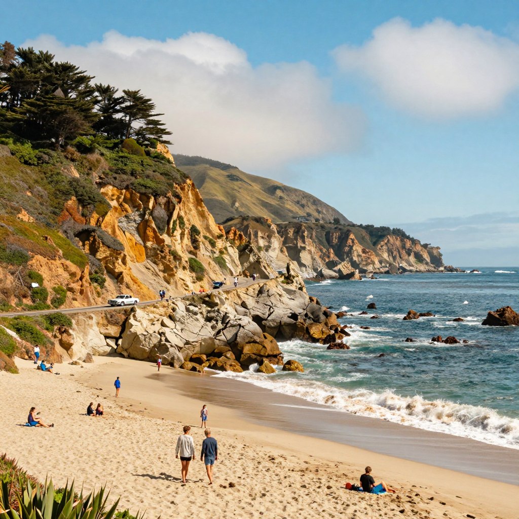 A vibrant scene showcasing iconic California attractions and scenic landscapes. In the foreground, a sunny beach with golden sand and gentle waves, dotted with families enjoying a day out, wearing casual beach attire. In the middle, the striking cliffs of Big Sur rise majestically, intertwined with lush coastal vegetation. A scenic highway winds along the cliffs, with a vintage car driving, capturing the essence of a California road trip. In the background, the stunning blue sky is adorned with fluffy white clouds, while the Pacific Ocean sparkles in the sunlight. The overall atmosphere is joyous and adventurous, evoking a sense of exploration and relaxation. Soft, warm lighting enhances the beauty of this idyllic California landscape, emphasizing natural colors and stunning contrasts.
