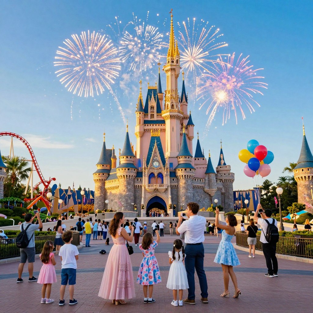 A vibrant scene showcasing iconic Florida theme park attractions, with a focus on the enchanting Cinderella Castle set against a bright blue sky. In the foreground, families of diverse backgrounds, dressed in festive attire, joyfully explore the park, capturing memories with cameras. The middle ground features colorful roller coasters and whimsical rides bustling with excited visitors. Palm trees and lush landscaping create a tropical atmosphere, while cheerful, colorful balloons float gently in the breeze. In the background, sparkly fireworks explode over the castle, illuminating the enchanting night sky. The lighting is warm and inviting, with a golden hour glow, evoking joy and excitement. This scene encapsulates the fun and magical essence of Florida theme parks.