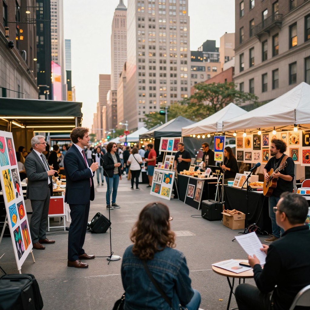 A vibrant street scene in New York City showcasing unique entertainment options for visitors. In the foreground, a diverse group of people dressed in professional attire and modest casual clothing, engaging in activities like improv comedy, pop-up art installations, and street musicians performing. The middle ground features a colorful outdoor art fair with local artists showcasing their work, surrounded by food stalls offering international cuisine. In the background, iconic NYC architecture like the Empire State Building and Times Square lights, creating a bustling urban atmosphere. The lighting is warm and inviting, reminiscent of golden hour, with a soft focus effect that enhances the lively, engaging mood. The angle captures a dynamic perspective, making viewers feel immersed in the exhilarating experience of unique New York entertainment.
