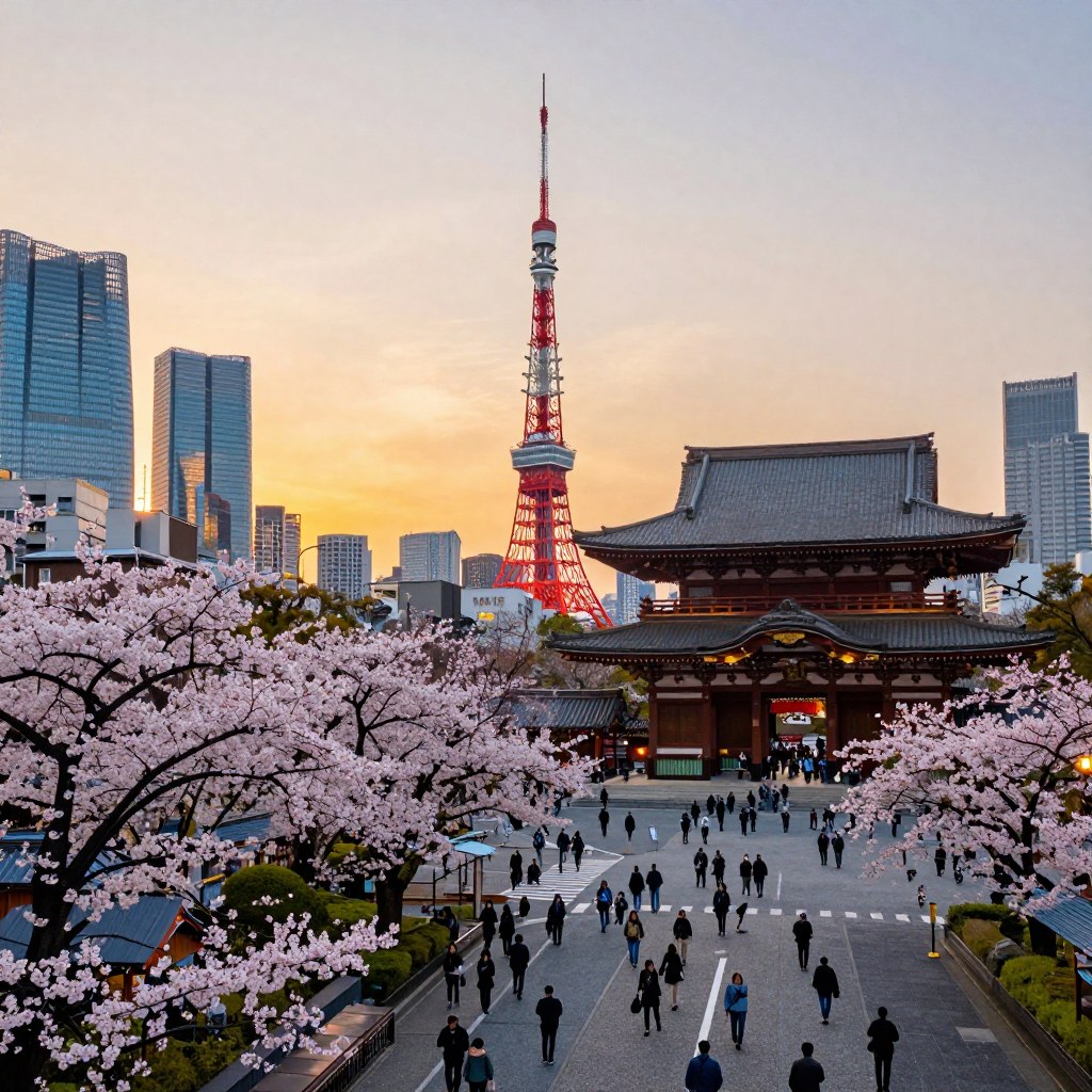 A vibrant urban landscape of Tokyo showcasing iconic attractions, blending modern architecture with traditional elements. In the foreground, a beautifully lit Shinto shrine with ornate wooden details, surrounded by cherry blossom trees in full bloom. The middle ground features the skyline of Tokyo, including the Tokyo Tower and skyscrapers, reflecting the city's dynamic energy. The background displays a sunset sky, casting warm golden hues over the scene. The atmosphere conveys a sense of excitement and exploration, with a bustling street lined with modestly dressed tourists admiring the sights. Capture the scene from a slightly elevated angle to encompass both the historic and modern aspects of the city, ensuring a rich depth of field and vibrant colors.