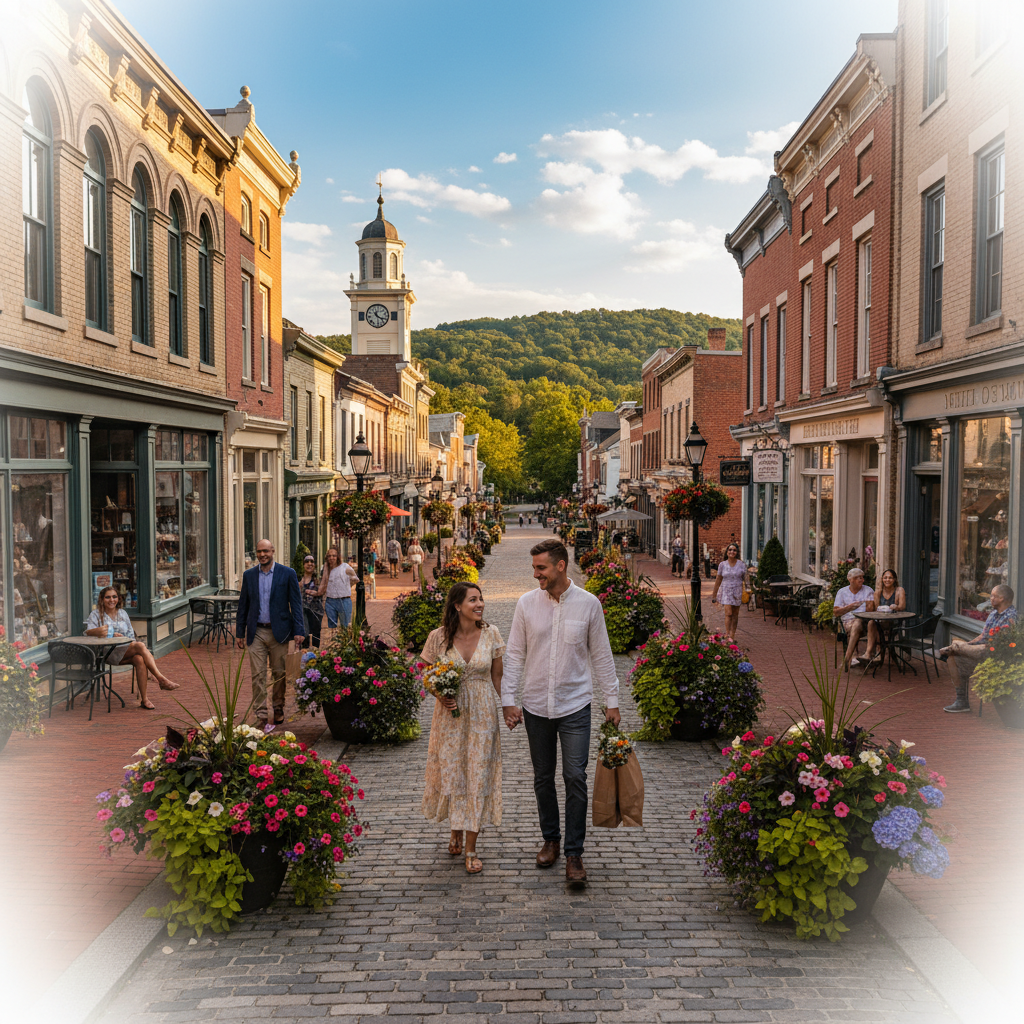 Charming small towns in New Jersey, featuring picturesque streets lined with quaint shops and cafes. In the foreground, a sun-drenched sidewalk with vibrant flower planters and locals enjoying their day in modest casual clothing. The middle showcases unique historic buildings with beautiful facades, and people leisurely strolling, creating a warm, inviting atmosphere. In the background, lush green trees frame the scene, with a blue sky and fluffy white clouds adding to the tranquility of a perfect day. Soft, golden hour lighting creates a cozy, nostalgic mood. Capture the essence of a delightful weekend escape in this idyllic setting, evoking feelings of relaxation and exploration. Use a wide-angle lens to capture the charm and detail of this enchanting town.