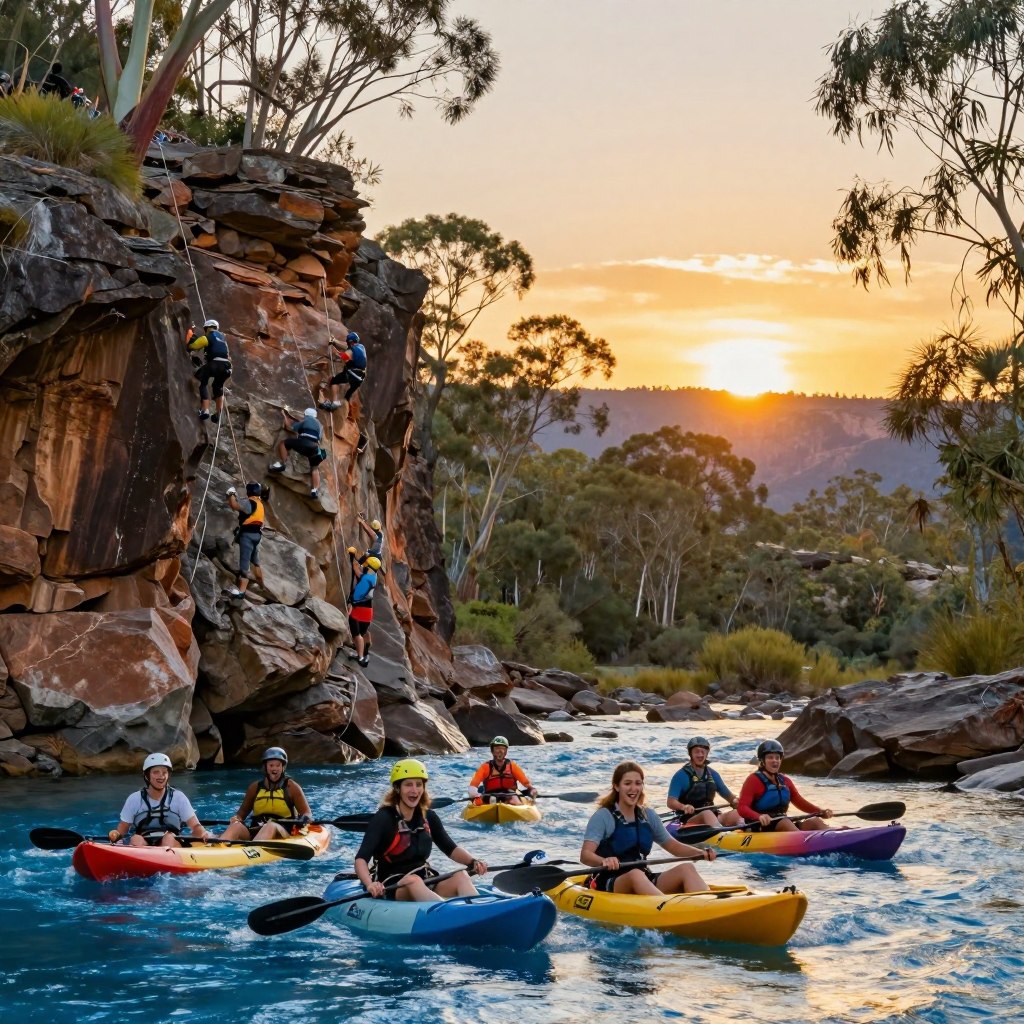 A breathtaking scene showcasing adventurous activities in the Australian outdoor wilderness. In the foreground, a diverse group of thrill-seekers in modest outdoor attire are kayaking through a vibrant blue river, their expressions filled with excitement. The middle ground features rugged cliffs with climbers scaling the rocks, showcasing the impressive natural landscape. The background reveals a stunning sunset casting a golden light over eucalyptus trees and distant mountains, enhancing the sense of adventure. The atmosphere is exhilarating, capturing the spirit of exploration in Australia. The image should have a warm, inviting glow, emphasizing the beauty of nature and the thrill of outdoor activities. Use a wide-angle lens to encapsulate the vastness of the wilderness while ensuring a sharp focus on the adventurers. A breathtaking scene showcasing adventurous activities in the Australian outdoor wilderness. In the foreground, a diverse group of thrill-seekers in modest outdoor attire are kayaking through a vibrant blue river, their expressions filled with excitement. The middle ground features rugged cliffs with climbers scaling the rocks, showcasing the impressive natural landscape. The background reveals a stunning sunset casting a golden light over eucalyptus trees and distant mountains, enhancing the sense of adventure. The atmosphere is exhilarating, capturing the spirit of exploration in Australia. The image should have a warm, inviting glow, emphasizing the beauty of nature and the thrill of outdoor activities. Use a wide-angle lens to encapsulate the vastness of the wilderness while ensuring a sharp focus on the adventurers.