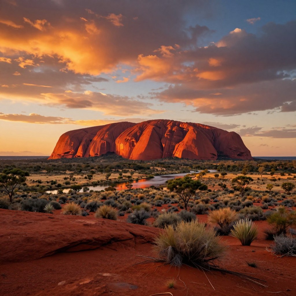 A breathtaking view of Australian landmarks and sights in the Outback wilderness, featuring the iconic red rock formations of Uluru in the foreground, surrounded by sparse desert vegetation. In the middle ground, showcase a vibrant landscape with rugged hills and a winding river reflecting the golden hues of the setting sun. The background includes a sprawling sky filled with dramatic clouds transitioning from deep orange to twilight blue. Use a low-angle shot to emphasize the grandeur of Uluru, with warm, inviting lighting that evokes a sense of adventure and serenity. Capture the vastness of the Outback, creating an atmosphere of exploration and natural beauty, highlighting Australia’s unique wilderness. A breathtaking view of Australian landmarks and sights in the Outback wilderness, featuring the iconic red rock formations of Uluru in the foreground, surrounded by sparse desert vegetation. In the middle ground, showcase a vibrant landscape with rugged hills and a winding river reflecting the golden hues of the setting sun. The background includes a sprawling sky filled with dramatic clouds transitioning from deep orange to twilight blue. Use a low-angle shot to emphasize the grandeur of Uluru, with warm, inviting lighting that evokes a sense of adventure and serenity. Capture the vastness of the Outback, creating an atmosphere of exploration and natural beauty, highlighting Australia’s unique wilderness.