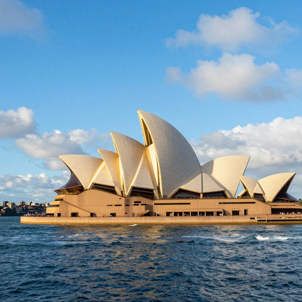 A breathtaking view of the Sydney Opera House, capturing its distinctive sail-like architecture in vivid detail. In the foreground, gentle waves lap at the shores of Sydney Harbour, reflecting the vibrant blue sky. The middle ground features the iconic structure bathed in warm, golden sunlight, showcasing its intricate patterns and textures. In the background, the Sydney skyline stretches across the horizon, with the city’s skyscrapers framed by wisps of white clouds. Use a wide-angle lens for a dramatic perspective, emphasizing the Opera House's grandeur. The atmosphere should be lively and inviting, evoking the excitement of a bustling Australian landmark on a sunny day, perfect for tourists and locals alike. A breathtaking view of the Sydney Opera House, capturing its distinctive sail-like architecture in vivid detail. In the foreground, gentle waves lap at the shores of Sydney Harbour, reflecting the vibrant blue sky. The middle ground features the iconic structure bathed in warm, golden sunlight, showcasing its intricate patterns and textures. In the background, the Sydney skyline stretches across the horizon, with the city’s skyscrapers framed by wisps of white clouds. Use a wide-angle lens for a dramatic perspective, emphasizing the Opera House's grandeur. The atmosphere should be lively and inviting, evoking the excitement of a bustling Australian landmark on a sunny day, perfect for tourists and locals alike.