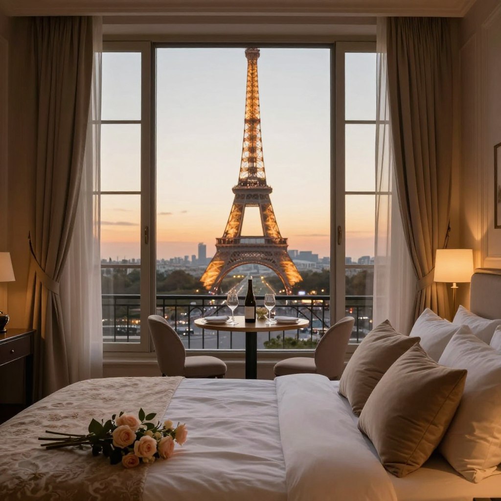 A cozy, elegantly designed romantic suite with large windows offering breathtaking views of the Eiffel Tower, bathed in soft golden hour lighting. In the foreground, a beautifully arranged king-sized bed adorned with plush pillows and delicate floral accents invites couples to relax. The middle ground features a small, intimate dining setup with a bottle of wine and two glasses, set by the window. The background showcases the iconic Eiffel Tower gracefully illuminated as the sun sets, casting a warm glow throughout the room. A subtle ambiance of romance is created by soft, ambient lighting and tasteful décor, emphasizing the luxurious and intimate atmosphere, perfect for couples looking for a memorable getaway.