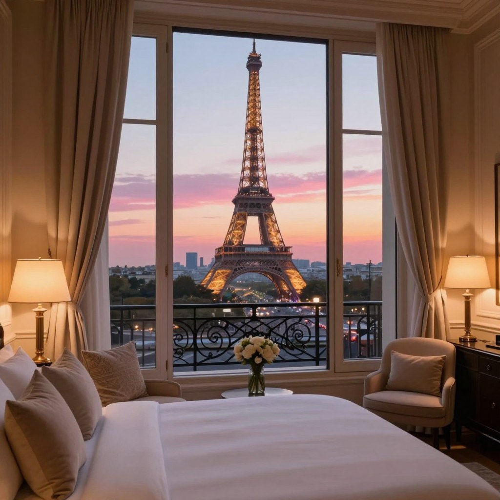 A cozy, intimate boutique hotel room in Paris with a breathtaking view of the Eiffel Tower at sunset. In the foreground, a plush, elegantly decorated king-size bed with soft white linens is framed by graceful drapes. On the elegant bedside table, a glowing lamp casts a warm light over a small vase of fresh flowers. In the middle ground, the large window showcases the iconic Eiffel Tower, beautifully illuminated as the sun sets in shades of pink and orange. The atmosphere is romantic and serene, with a hint of Parisian charm. Soft throw pillows and a chic armchair add to the inviting ambiance. Use a warm color palette, and ensure the lighting creates a dreamy, inviting atmosphere, captured from a slightly elevated angle to emphasize the view.