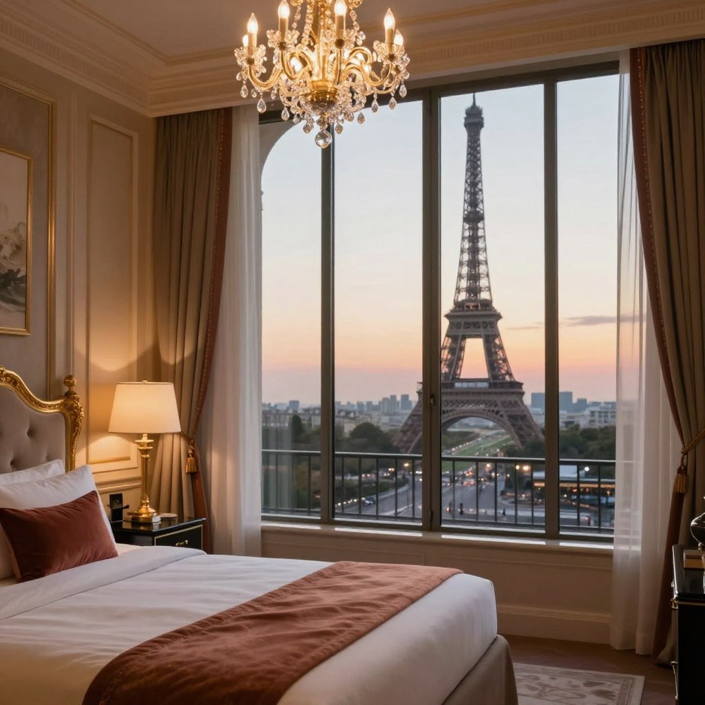 A luxurious Paris hotel room overlooking the Eiffel Tower, elegantly decorated with rich fabrics and tasteful art. In the foreground, a plush king-size bed with an ornate headboard and golden accents, complemented by a sparkling chandelier illuminating the space. The midground features a wide glass window offering a breathtaking panorama of the Eiffel Tower, framed by delicate sheer curtains. In the background, the iconic silhouette of the Eiffel Tower stands tall against a pastel evening sky, bathed in warm sunset hues. The scene is peaceful and inviting, evoking a feeling of opulence and romance. Capture this moment with a soft focus and warm lighting to enhance the luxurious atmosphere, shot from a slightly elevated angle to emphasize the view.