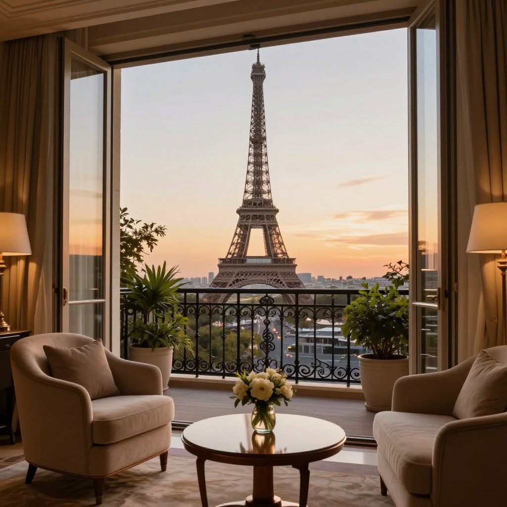 A luxurious hotel room with elegant decor, featuring a stylish balcony that opens up to a breathtaking view of the Eiffel Tower at sunset. In the foreground, a plush armchair and a polished wooden coffee table, adorned with a small vase of fresh flowers. The middle ground captures the balcony itself, with wrought iron railings and potted plants adding a touch of greenery. In the background, the iconic Eiffel Tower stands majestically against a warm, golden sky, illuminating the scene with soft, ambient glow. The atmosphere is romantic and sophisticated, evoking a sense of tranquility and elegance. The image should be captured with a wide-angle lens to emphasize the grandeur of the view, with warm lighting that enhances the inviting ambiance of the room.