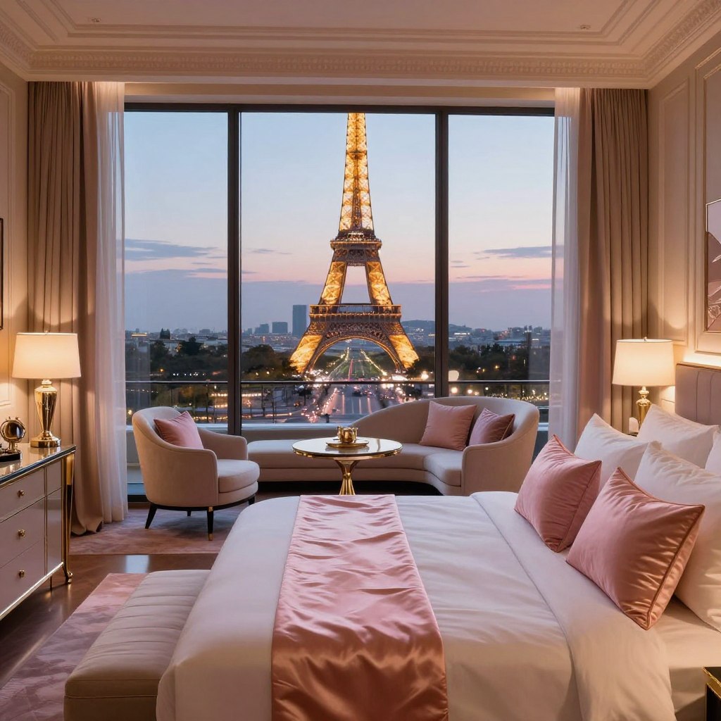 A luxurious hotel suite featuring elegant furnishings and rich textures, positioned to showcase breathtaking views of the Eiffel Tower from a large window. In the foreground, a lavish king-sized bed adorned with plush pillows and a silk throw, flanked by stylish bedside tables. In the middle, a sophisticated sitting area with upscale armchairs and a chic coffee table, set against the backdrop of soft, warm lighting. The scene should convey a romantic atmosphere, with a hint of soft pink and gold accents. In the background, the iconic Eiffel Tower glimmers against a twilight sky, illuminated by soft city lights. Utilize a slight angle from a low perspective to enhance the grandeur of the suite and the view, capturing the essence of luxury in Parisian accommodations.