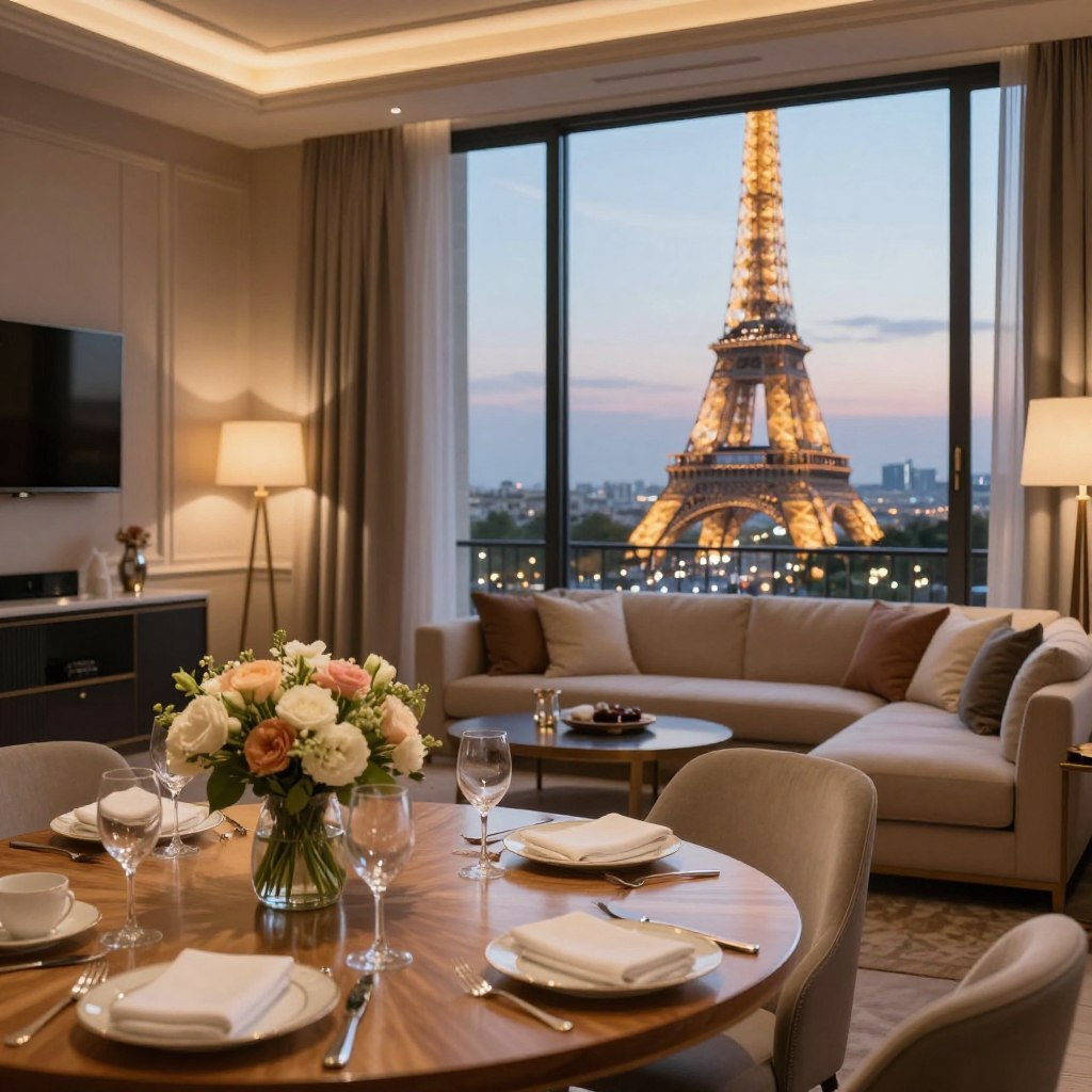 A luxurious suite with a breathtaking view of the Eiffel Tower, elegantly decorated with contemporary furnishings, soft tones, and rich textures. In the foreground, a beautifully set wooden dining table with fine china, sparkling glassware, and an inviting bouquet of fresh flowers. The middle ground features a plush sofa and a tastefully designed lounge area, with large windows that frame the iconic Eiffel Tower, illuminated by soft evening lights. In the background, the Paris skyline is visible under a twilight sky, creating a romantic atmosphere. The scene is bathed in warm, ambient lighting that enhances the coziness of the room, shot with a shallow depth of field to focus on the dining area while softly blurring the skyline. Capturing the essence of a refined Parisian experience, the image conveys a sense of elegance and comfort.