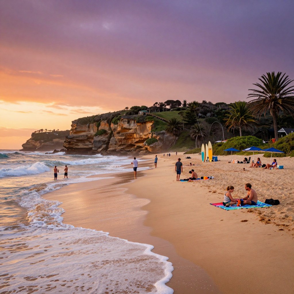 A scenic coastal escape in Australia, showcasing a picturesque beach life at sunset. In the foreground, gentle waves lap against soft, golden sands where families and friends enjoy a picnic on colorful beach blankets. There are a few people in modest casual clothing engaging in beach activities, such as flying kites and beachcombing. In the middle ground, surfboards are propped against palm trees, and beach umbrellas provide shade to sunbathers. The background features dramatic cliffs and lush greenery against a vibrant sky transitioning from orange to deep purple as the sun sets. The image is captured with a wide-angle lens to encompass the expansive beach, conveying a warm, inviting atmosphere that embodies relaxation and leisure. Soft, natural lighting enhances the serene mood of a perfect Australian getaway. A scenic coastal escape in Australia, showcasing a picturesque beach life at sunset. In the foreground, gentle waves lap against soft, golden sands where families and friends enjoy a picnic on colorful beach blankets. There are a few people in modest casual clothing engaging in beach activities, such as flying kites and beachcombing. In the middle ground, surfboards are propped against palm trees, and beach umbrellas provide shade to sunbathers. The background features dramatic cliffs and lush greenery against a vibrant sky transitioning from orange to deep purple as the sun sets. The image is captured with a wide-angle lens to encompass the expansive beach, conveying a warm, inviting atmosphere that embodies relaxation and leisure. Soft, natural lighting enhances the serene mood of a perfect Australian getaway.