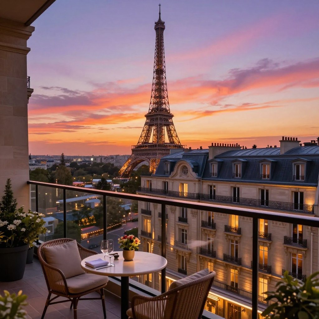 A stunning panorama of boutique hotels overlooking the Eiffel Tower, captured from a balcony perspective during the golden hour. In the foreground, a tastefully decorated balcony with elegant furnishings, including a small table and chairs set, adorned with potted flowers. The middle ground features a charming hotel with sophisticated architecture, bay windows, and soft ambient lighting that illuminates the façades. In the background, the iconic Eiffel Tower rises majestically against a dramatically colored sunset sky, blending hues of orange, pink, and purple. The image exudes a romantic and serene atmosphere, inviting viewers to imagine themselves enjoying a serene evening in Paris. The scene is captured with a wide-angle lens to emphasize depth and richness, showcasing the perfect blend of luxury and city life in the heart of Paris.